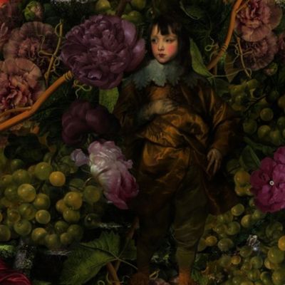 Baroque dark academia antiqued Luxury Little Boys With Nostalgic Bold Green Grapes And Purple Peonies Dark Night