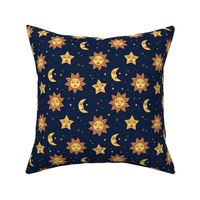 Nineties moon and sun modernist faces - mystic stars and universe theme vintage style freehand illustration golden yellow on navy blue