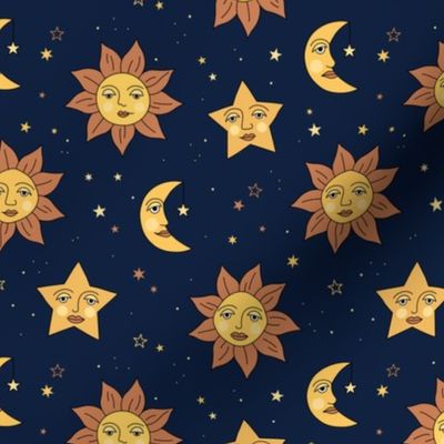 Nineties moon and sun modernist faces - mystic stars and universe theme vintage style freehand illustration golden yellow on navy blue