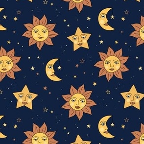 Nineties moon and sun modernist faces - mystic stars and universe theme vintage style freehand illustration golden yellow on navy blue