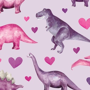 Watercolor Dinosaur Valentine with Hearts on Light Purple 24 inch