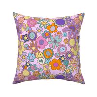 Groovy happy faces and flowers - lilac - medium