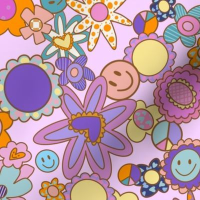 Groovy happy faces and flowers - lilac - medium