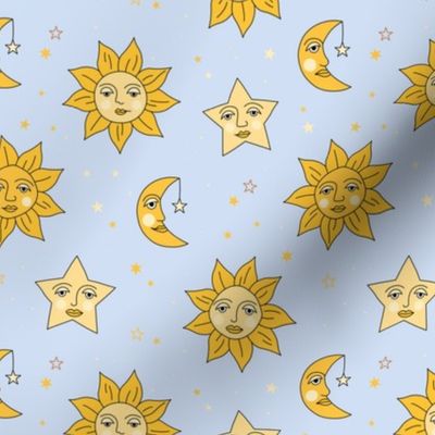 Nineties moon and sun modernist faces - mystic stars and universe theme vintage style freehand illustration golden yellow on soft blue