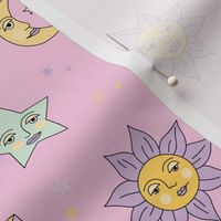 Nineties moon and sun modernist faces - mystic stars and universe theme vintage style freehand illustration nineties pastel palette pink lilac mint yellow