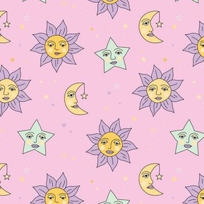 Nineties moon and sun modernist faces - mystic stars and universe theme vintage style freehand illustration nineties pastel palette pink lilac mint yellow