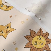 Nineties moon and sun modernist faces - mystic stars and universe theme vintage style freehand illustration golden yellow on cream sand