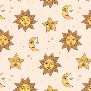 Nineties moon and sun modernist faces - mystic stars and universe theme vintage style freehand illustration golden yellow on cream sand