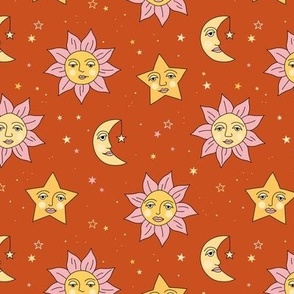 Nineties moon and sun modernist faces - mystic stars and universe theme vintage style freehand illustration golden yellow pink on burnt orange