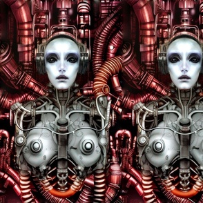 9 biomechanical bioorganic half naked nude female grey red bald woman cyborg robot android tentacles monsters cables wires cybernetics machine demons breast aliens sci-fi  science fiction futuristic flesh Halloween body horror scary horrifying morbid maca