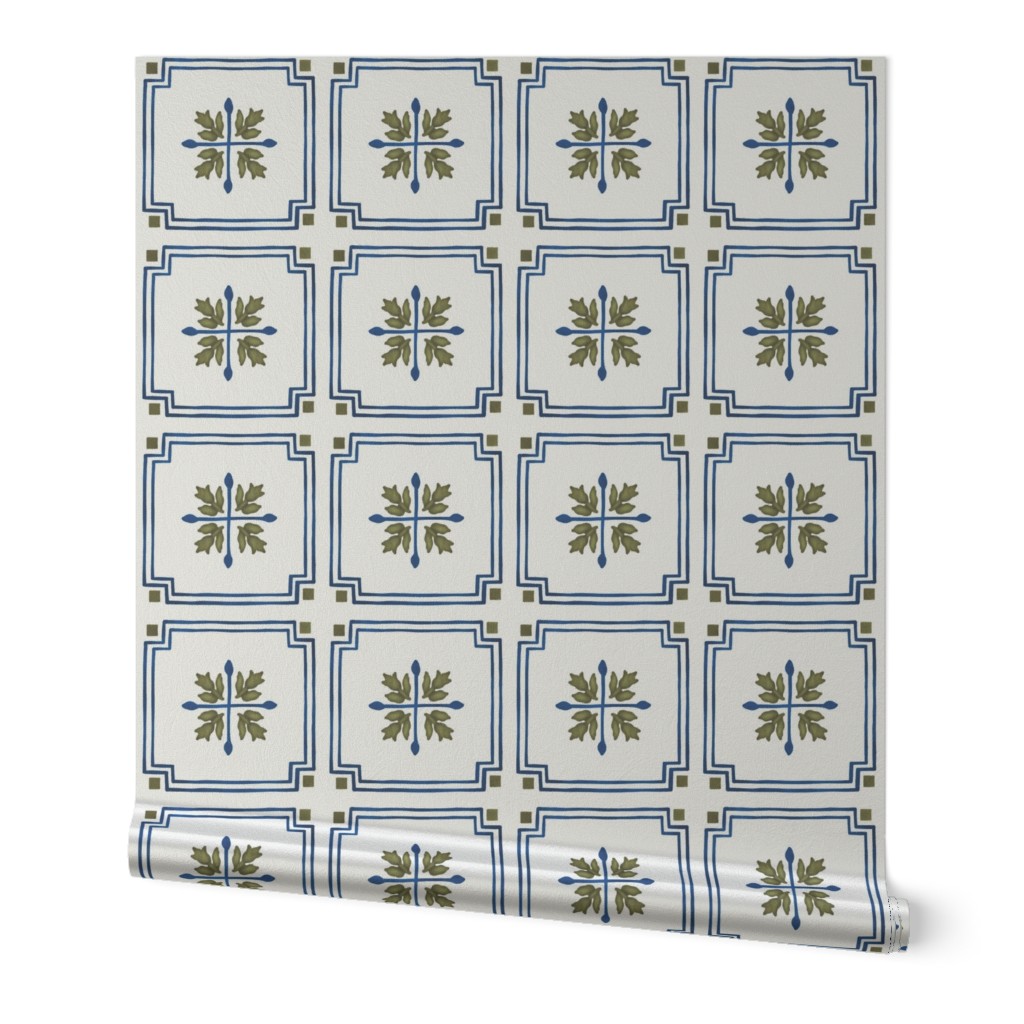Green and Blue Floral Tile Design / Kitchen Tile Design / Floral Grid / Vintage Tile Wallpaper