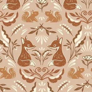whimsical woodland with fox and squirrel in earth tones ochre brown - small
