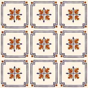 Autumn Floral Tile Design / Kitchen Tile Design / Blue and Orange Floral Tile / Floral Grid / Vintage Tile Wallpaper