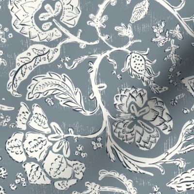 Julia Block Print Indian Floral in Slate and Navy 12 inch repeat