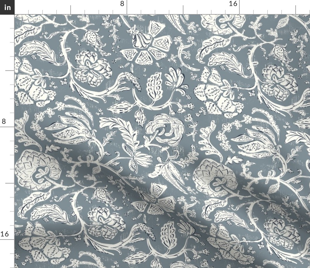 Julia Block Print Indian Floral in Slate and Navy 12 inch repeat