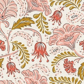 Farida - Indian Block Print Floral Ivory Pink Goldenrod Regular Scale