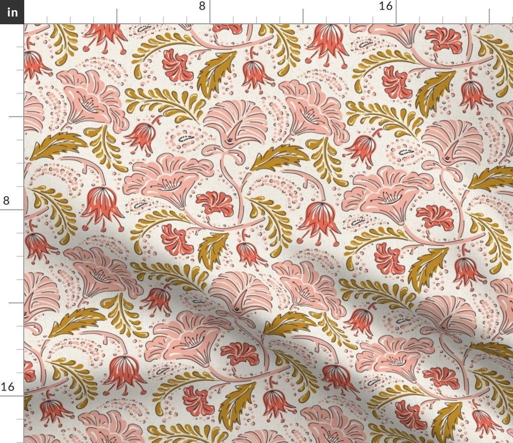 Farida - Indian Block Print Floral Ivory Pink Goldenrod Regular Scale