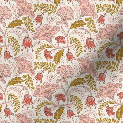 Farida - Indian Block Print Floral Ivory Pink Goldenrod Small Scale