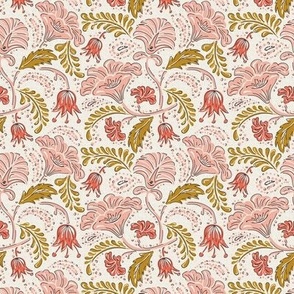 Farida - Indian Block Print Floral Ivory Pink Goldenrod Small Scale