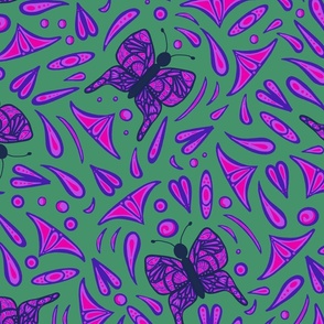 Doodle Butterfly Fun - Purple on Green 