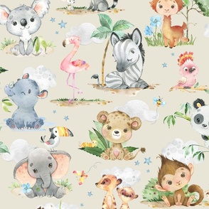 24” Wild Safari Animals (cream) Cute Baby Jungle Animals, 24” repeat