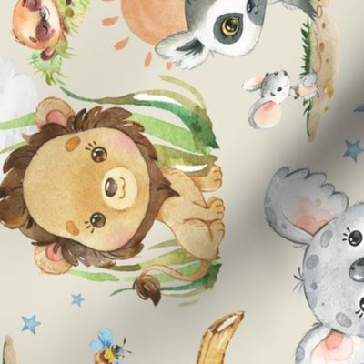 24” Wild Safari Animals (cream) Cute Baby Jungle Animals, 24” repeat ROTATED