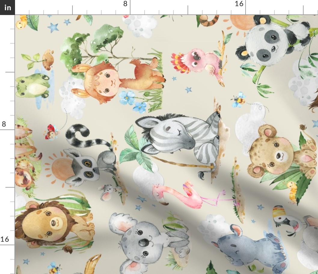 24” Wild Safari Animals (cream) Cute Baby Jungle Animals, 24” repeat ROTATED