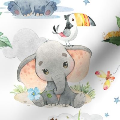 24” Wild Safari Animals (white) Cute Baby Jungle Animals, 24” repeat