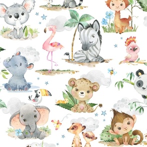 24” Wild Safari Animals (white) Cute Baby Jungle Animals, 24” repeat