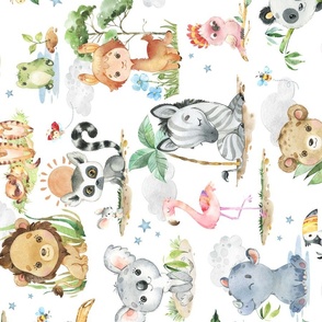 24” Wild Safari Animals (white) Cute Baby Jungle Animals, 24” repeat ROTATED