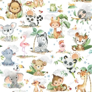 12” Wild Safari Animals (white) Cute Baby Jungle Animals, 12” repeat