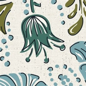 Farida - Indian Block Print Floral Ivory Blue Green Jumbo Scale