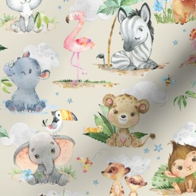 12” Wild Safari Animals (cream) Cute Baby Jungle Animals, 12” repeat