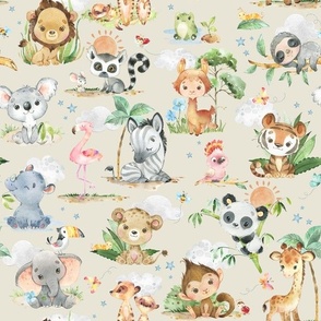 12” Wild Safari Animals (cream) Cute Baby Jungle Animals, 12” repeat