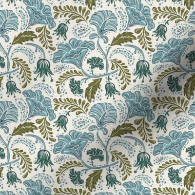 Farida - Indian Block Print Floral Ivory Blue Green Small Scale