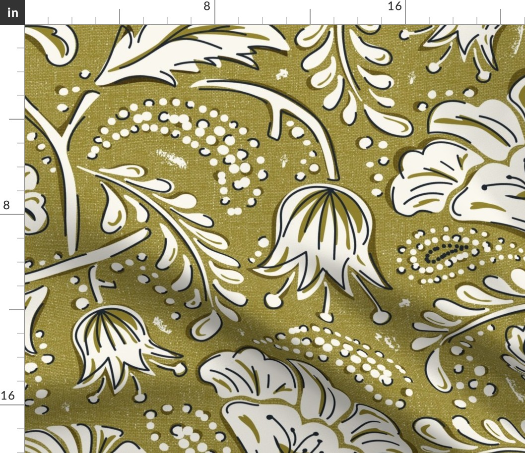 Farida - Indian Block Print Floral Olive Green Ivory Jumbo Scale