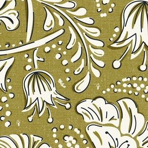 Farida - Indian Block Print Floral Olive Green Ivory Large Scale