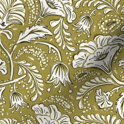 Farida - Indian Block Print Floral Olive Green Ivory Regular Scale