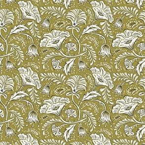 Farida - Indian Block Print Floral Olive Green Ivory Small Scale