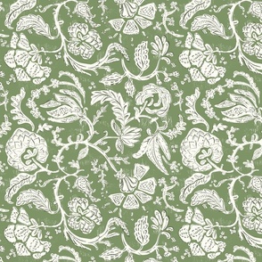 Julia - Block Print Indian Floral in Fern Green 12 inch repeat