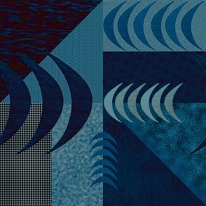 Indigo Dark Academia Minimalist textured Mid Century Modern geometric triangles, rectangles and crescents 12” Dark and light blues, moody