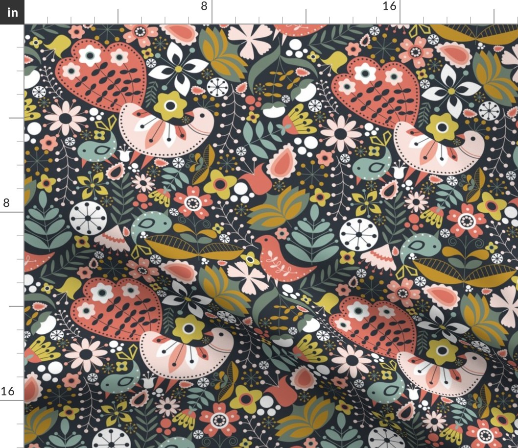 Scandinavian Maximalist Folk Birds and Blooms - black, ivory, sage green, mustard yellow, coral, peach