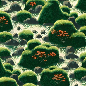 Enchanted Japanese Moss Garden - Dark Green Wallpaper - Large Scale