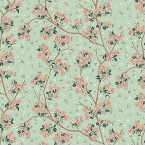 Sakura - Bloom - Cherry Blossom Flowers + Buds on Matcha Green - TINY