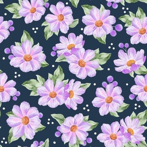 Large Scale Purple Watercolor Flowers on Navy