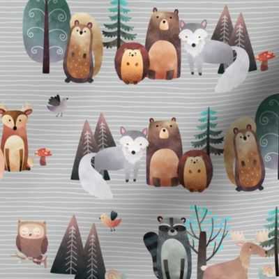 Woodland Critters – Life in the Forest (gray stripe) SMALLER scale