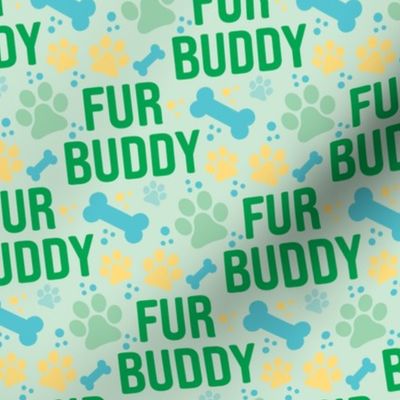Fur Buddy - Dog Fabric - FurBuddy Dog Fabric, Dog Bandana Fabric, Paws Bones, Blue, Green, Yellow, I Love My Pet - LAD22