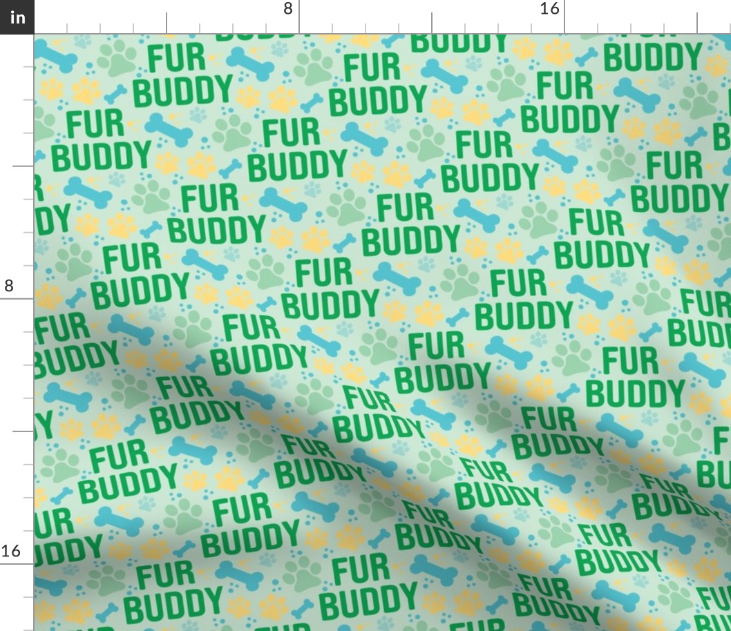 Fur Buddy - Dog Fabric - FurBuddy Dog Fabric, Dog Bandana Fabric, Paws Bones, Blue, Green, Yellow, I Love My Pet - LAD22