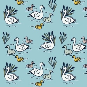 Swans and signets on light blue - mini scale - French style light blue, yellow, navy 