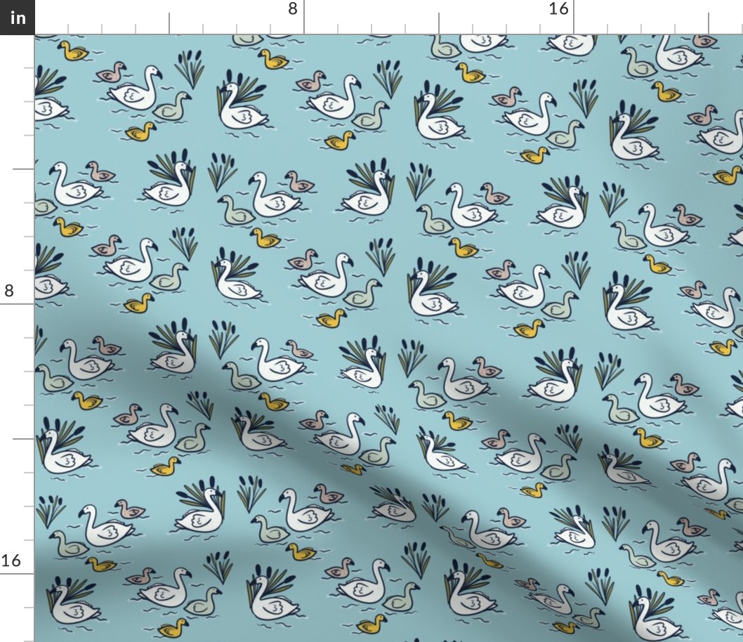 Swans and signets on light blue - mini scale - French style light blue, yellow, navy 